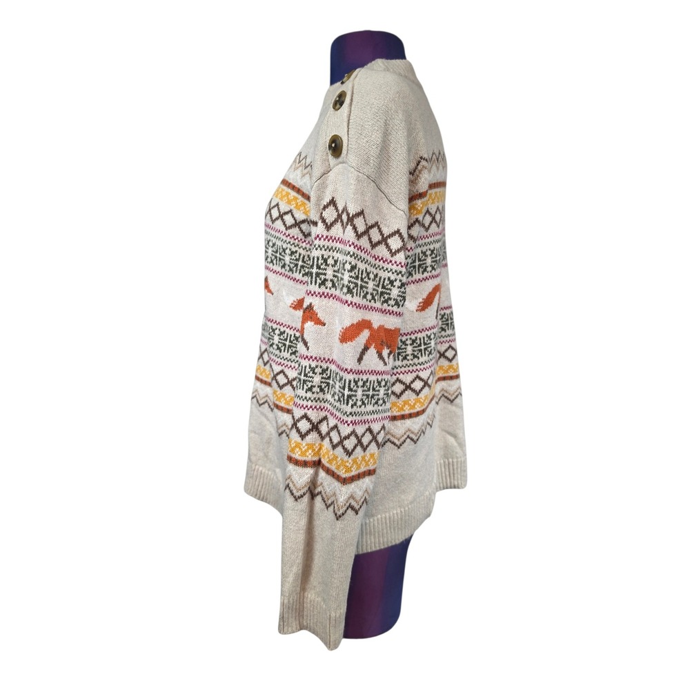 Talbots Womens Fox Fair Isle Button Shoulder Sweater Oatmeal Orange Size M - Picture 3 of 7
